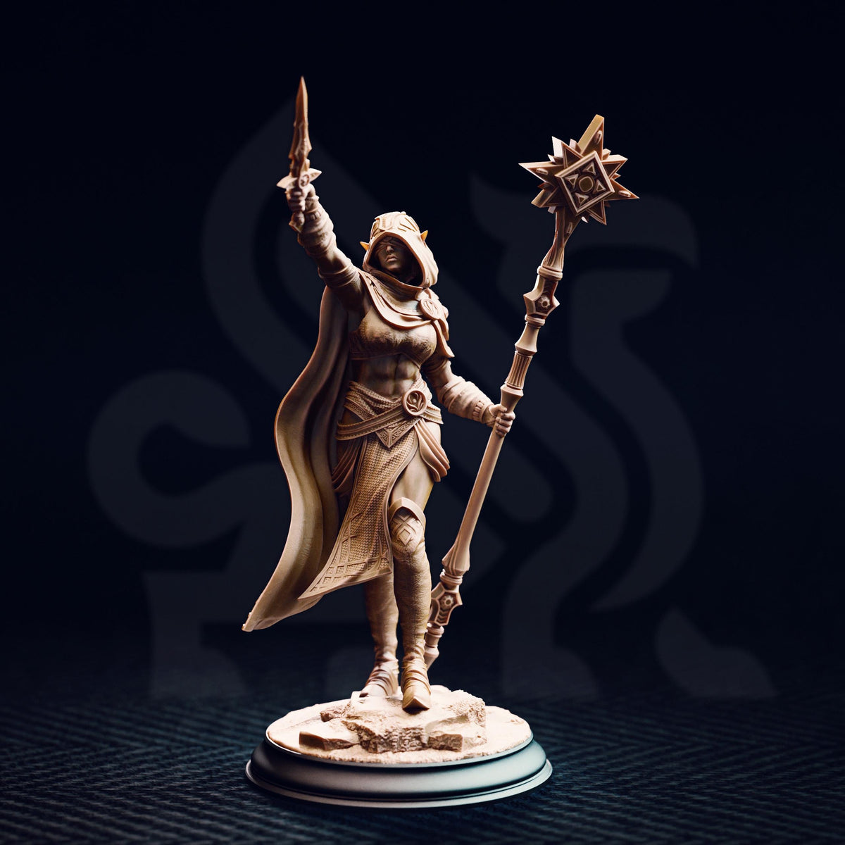 A bronze statue of a woman holding a staff and sword, standing on a pedestal against a dark background.