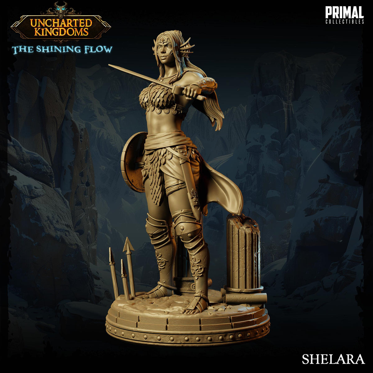 A bronze statue of a female warrior standing in a dark, rocky environment, holding a sword and shield.