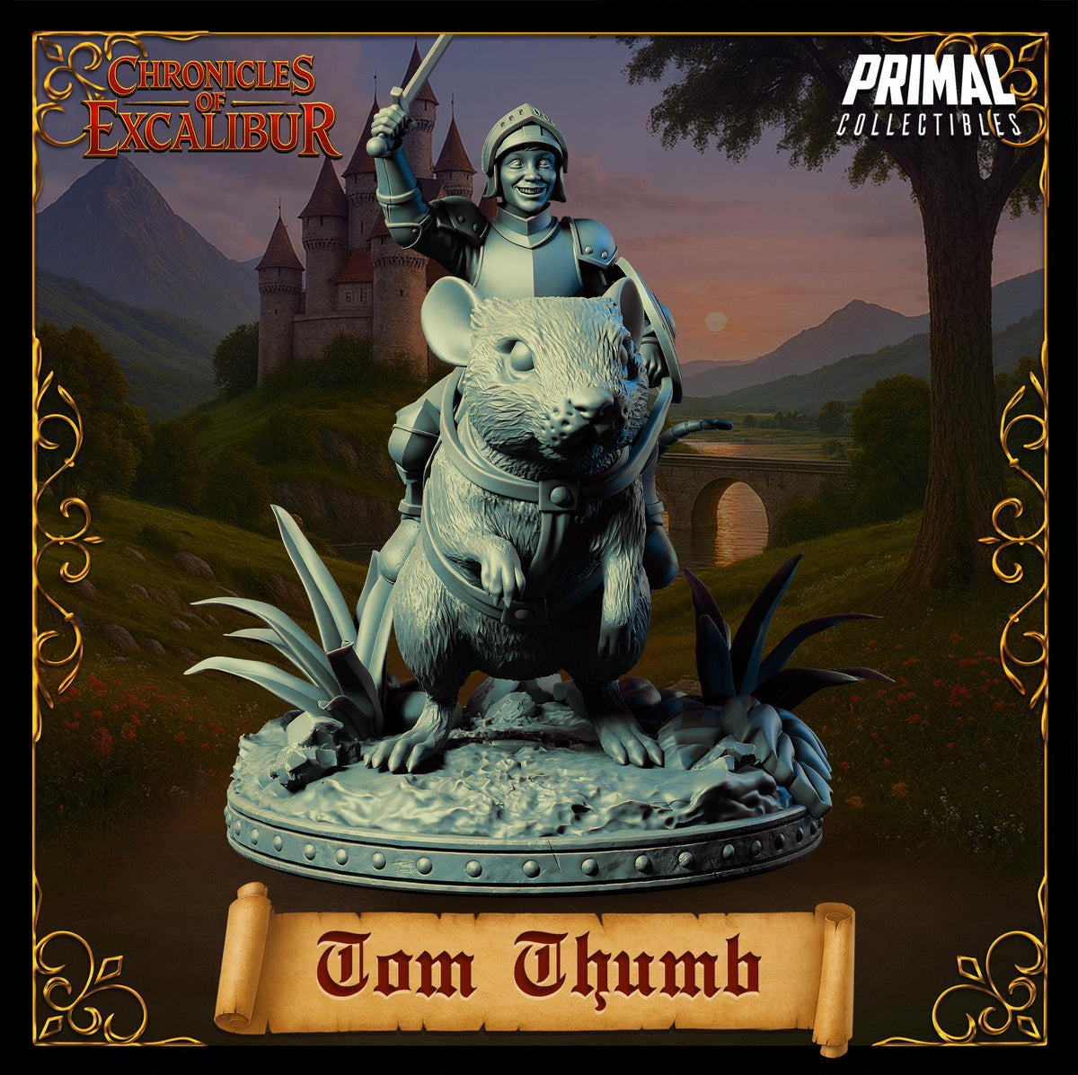 A statue of a knight on a mouse, with the knight holding a sword and the mouse being a mouse-like creature. The background features a castle and a bridge.