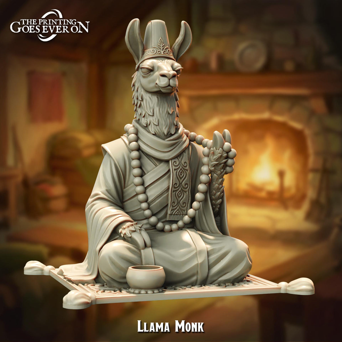 A statue of a llama monk sitting on a mat, with a fireplace in the background.