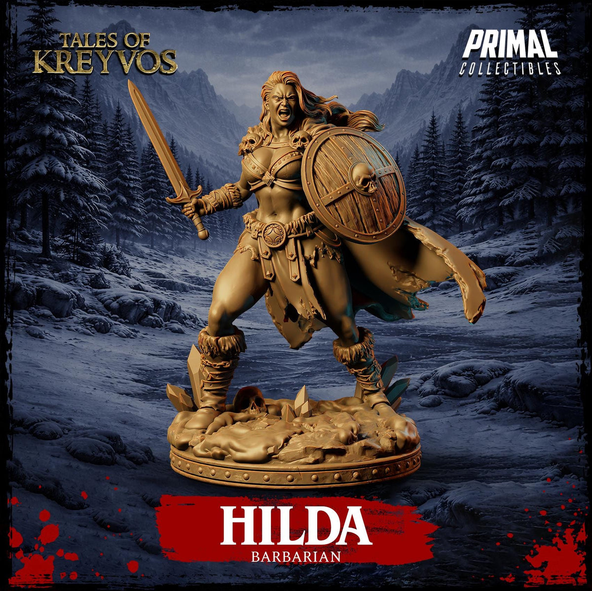a bronze statue of a female warrior, Hilda, who is depicted as a barbarian from the "Tales of KreyVos" series.
