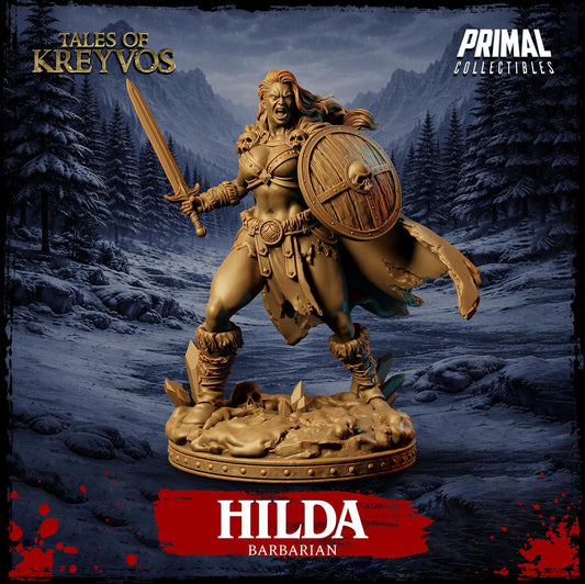 a bronze statue of a female warrior, Hilda, who is depicted as a barbarian from the "Tales of KreyVos" series.