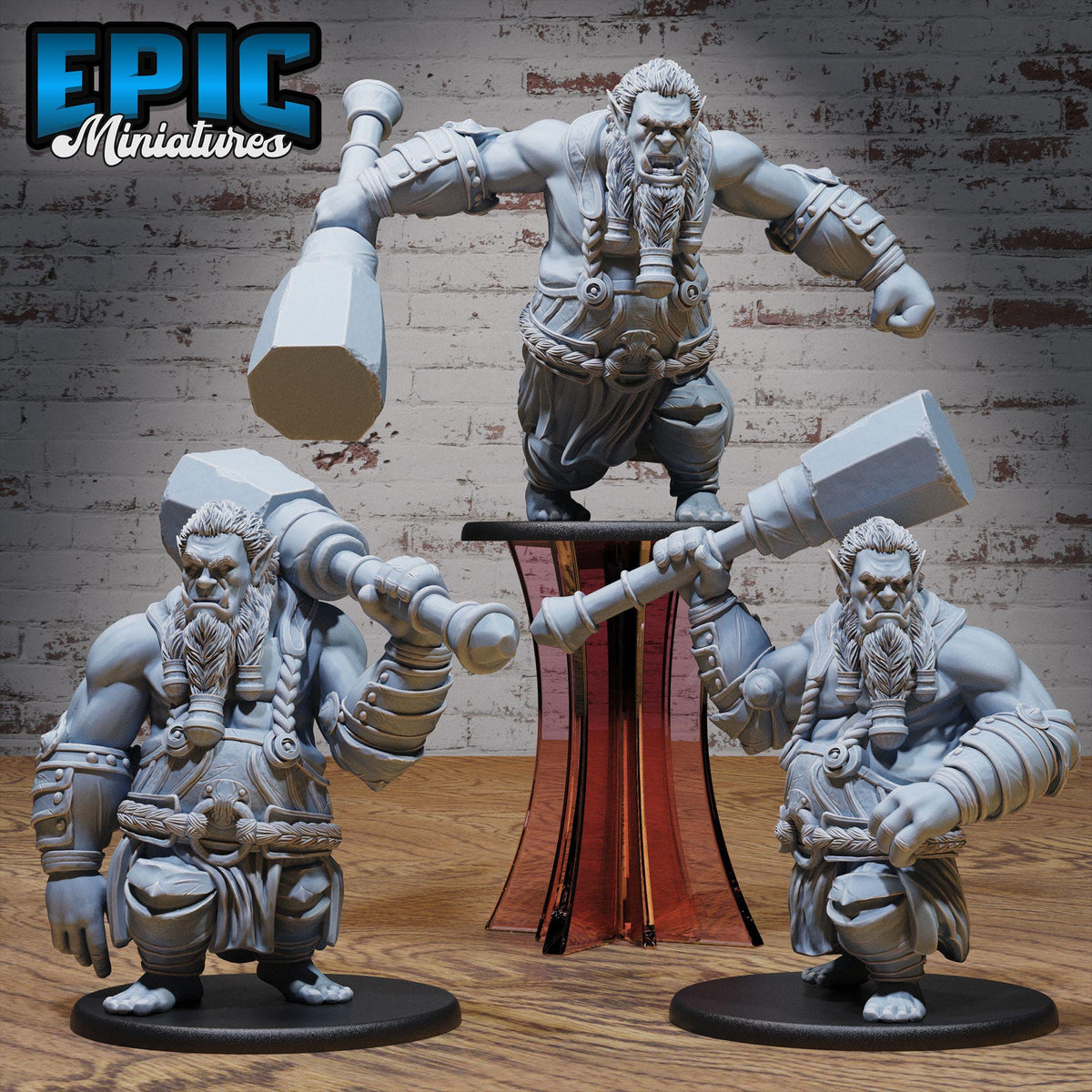 three detailed figurines of a muscular, bearded dwarf warrior standing on a pedestal. The figurines are posed in various dynamic stances, showcasing the warrior's strength and power.