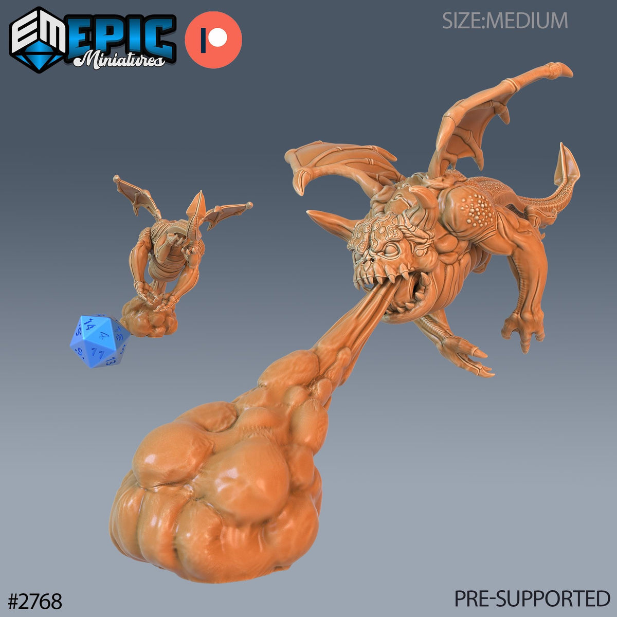 a 3D model of a brown dragon-like creature with wings and sharp teeth, along with a blue dice. The dragon is shown in a dynamic pose, with its mouth open and tongue sticking out. The image appears to be a promotional or promotional artwork for a miniature, as indicated by the text "PRE-SUPPORTED" and the reference to "size-MEDIUM".