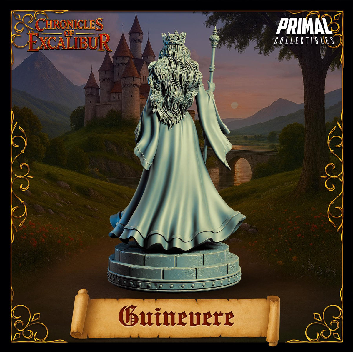 a statue of a woman with long hair and a crown, standing in front of a castle-like structure. The statue is placed on a pedestal, and the name "Guinevere" is displayed below it.