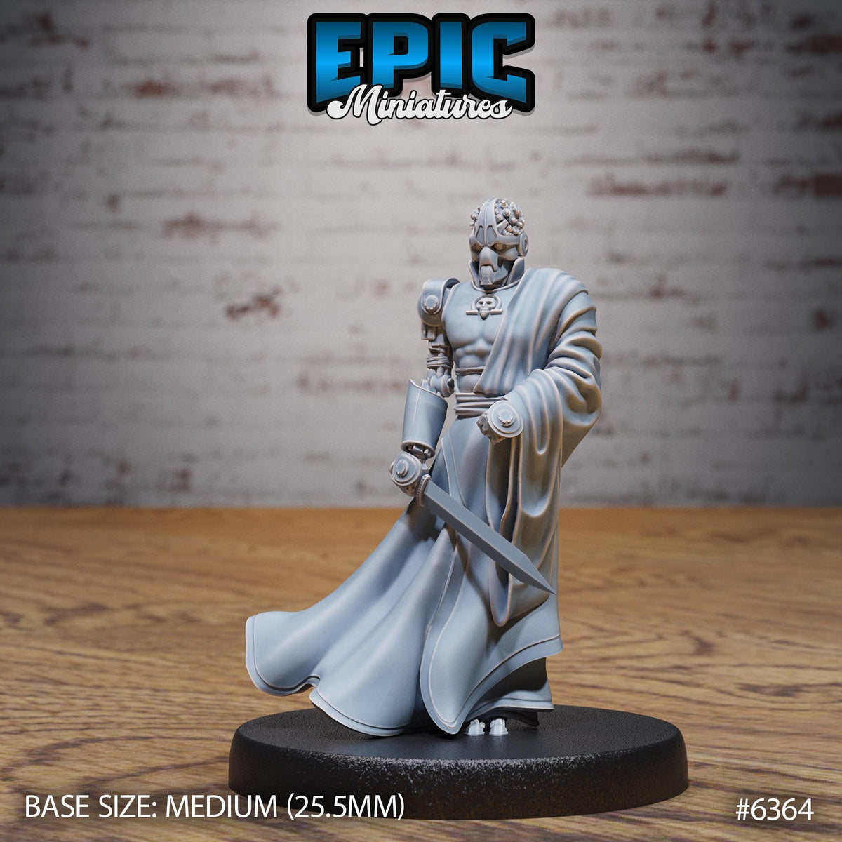 A figurine of a person in a flowing robe holding a sword, standing on a black base.