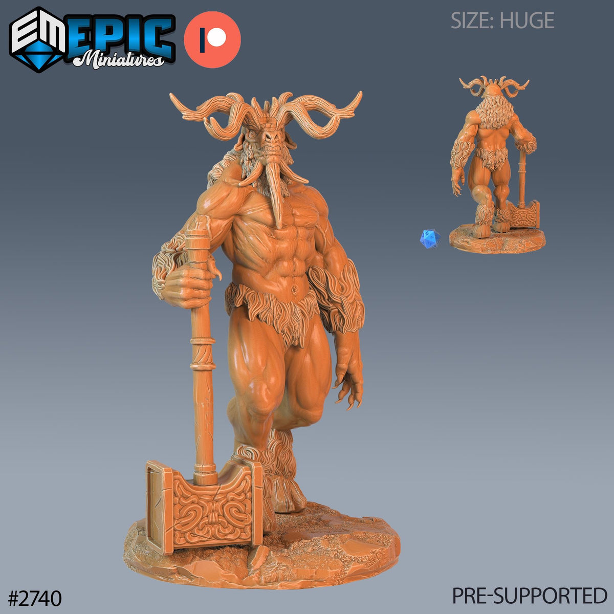 a detailed 3D model of a fantastical creature, possibly a mythical or magical being, with horns, a beard, and a large hammer. The creature is standing on a rock formation, and it appears to be the focus of the image. The image is pre-supported, meaning it is not a real-life object but rather a digital representation created for artistic or promotional purposes.