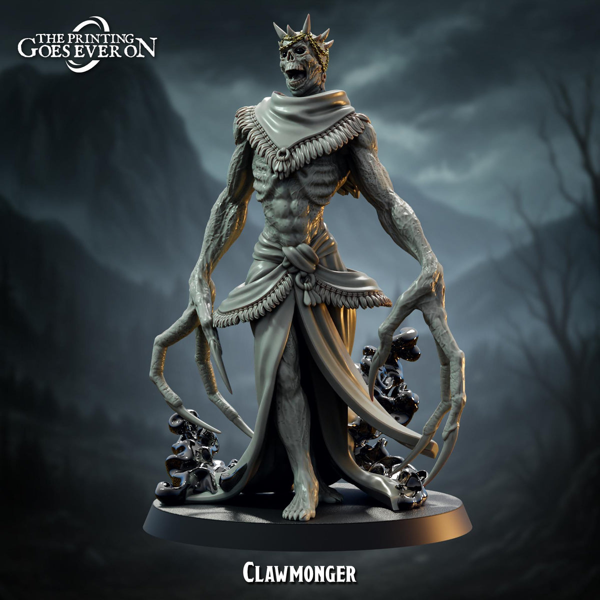 A detailed 3D model of a claw-wielding, skeletal figure with a crown-like head, standing on a pedestal and holding a weapon.