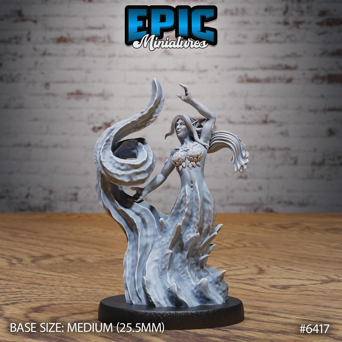 A figurine of a woman with flowing hair and a flowing dress, standing on a wooden surface against a brick wall background. The figurine appears to be a miniature, as indicated by the text "BASE SIZE: MEDIUM (25.5MM)" and "#6417".
