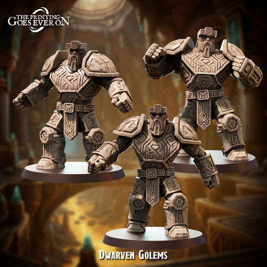 three figurines of dwarven golem characters, including Dwarven, Golem, and Golllem, standing on platforms and posing in various stances.