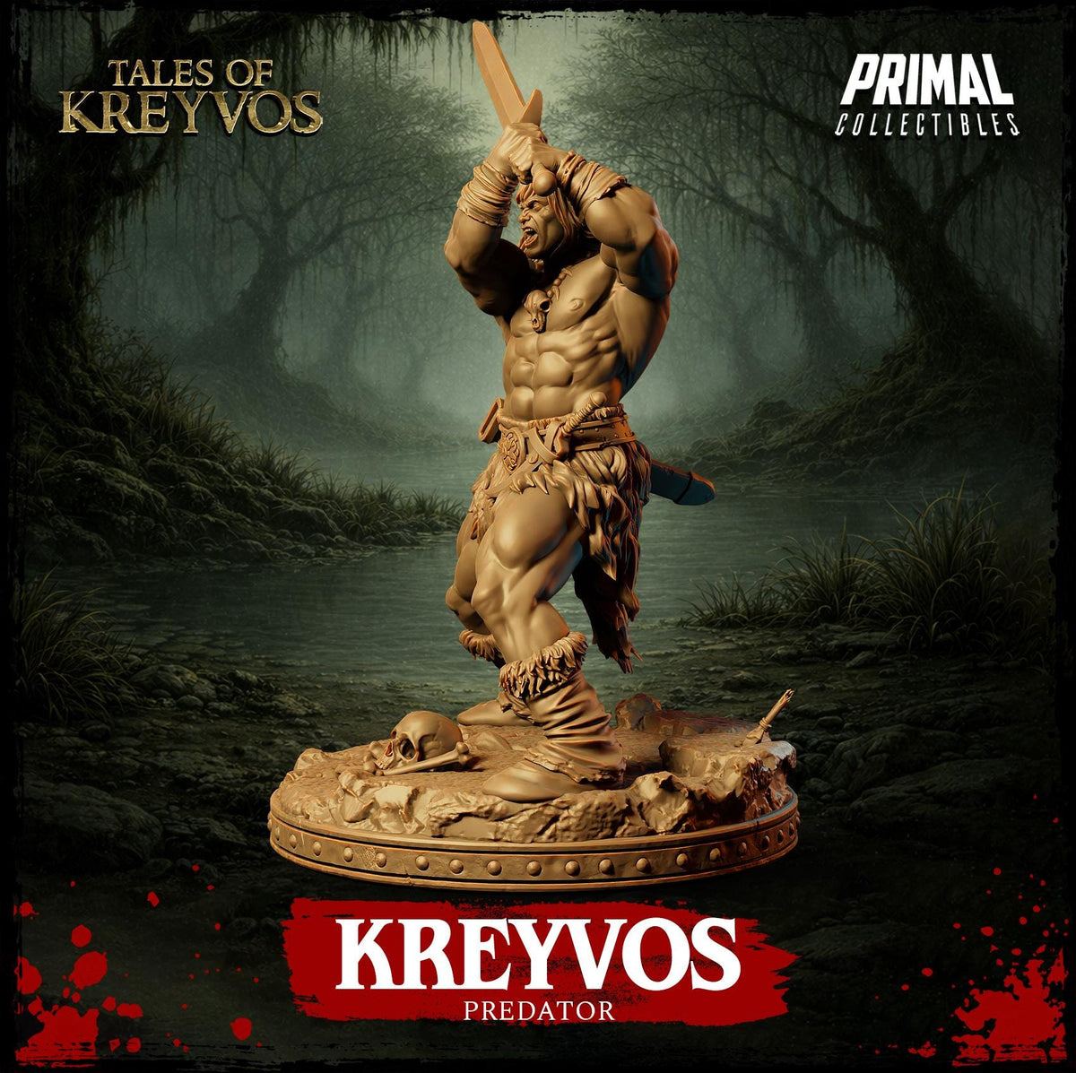 A statue of a muscular, bearded warrior figure holding a sword and standing on a pedestal, set against a dark, misty forest background.