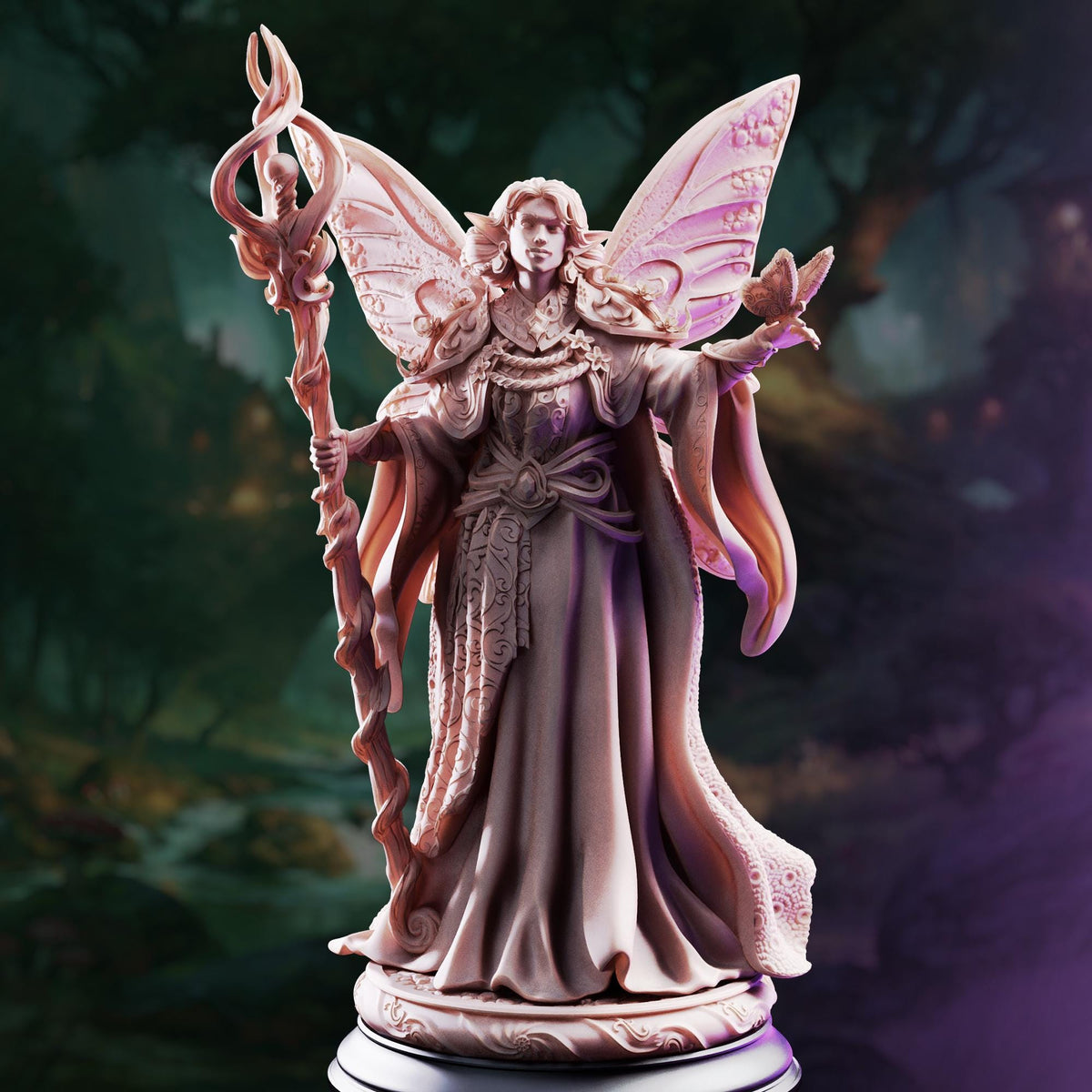 A detailed statue of a fairy or magical creature, with wings, holding a staff and a small bird in its hand, set against a blurred green background.