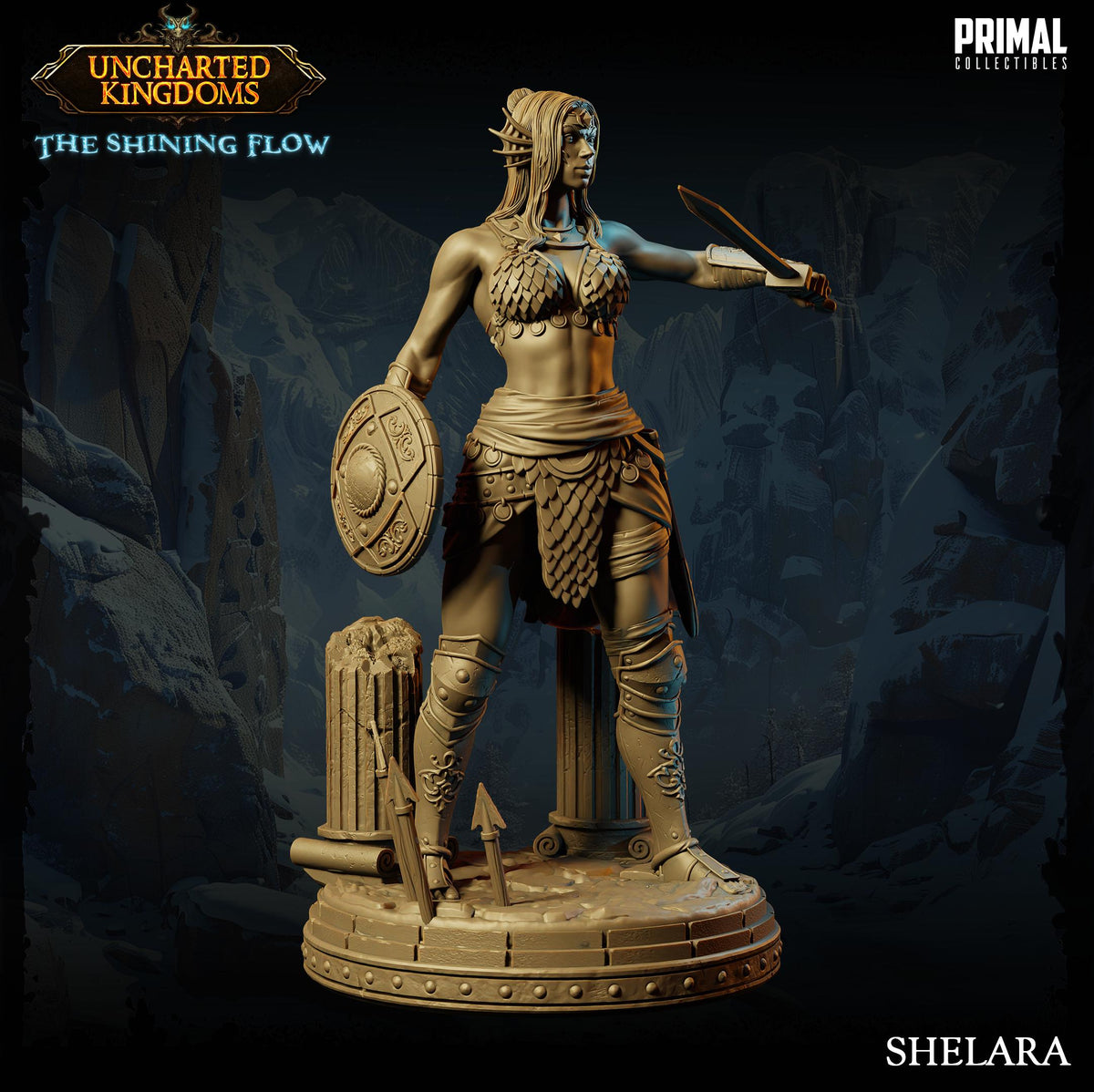 A bronze statue of a female warrior standing in a fighting stance, holding a shield and sword, with a mountainous landscape in the background.