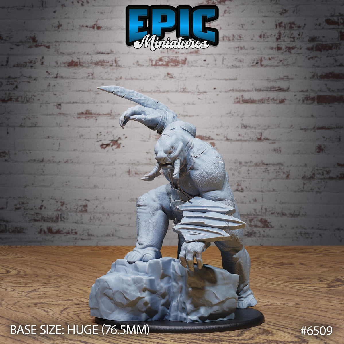a statue of a large, imposing creature with a fierce expression, standing on a rock formation. The statue is described as a "base size: huge" and "76.5mm" in the provided image description.