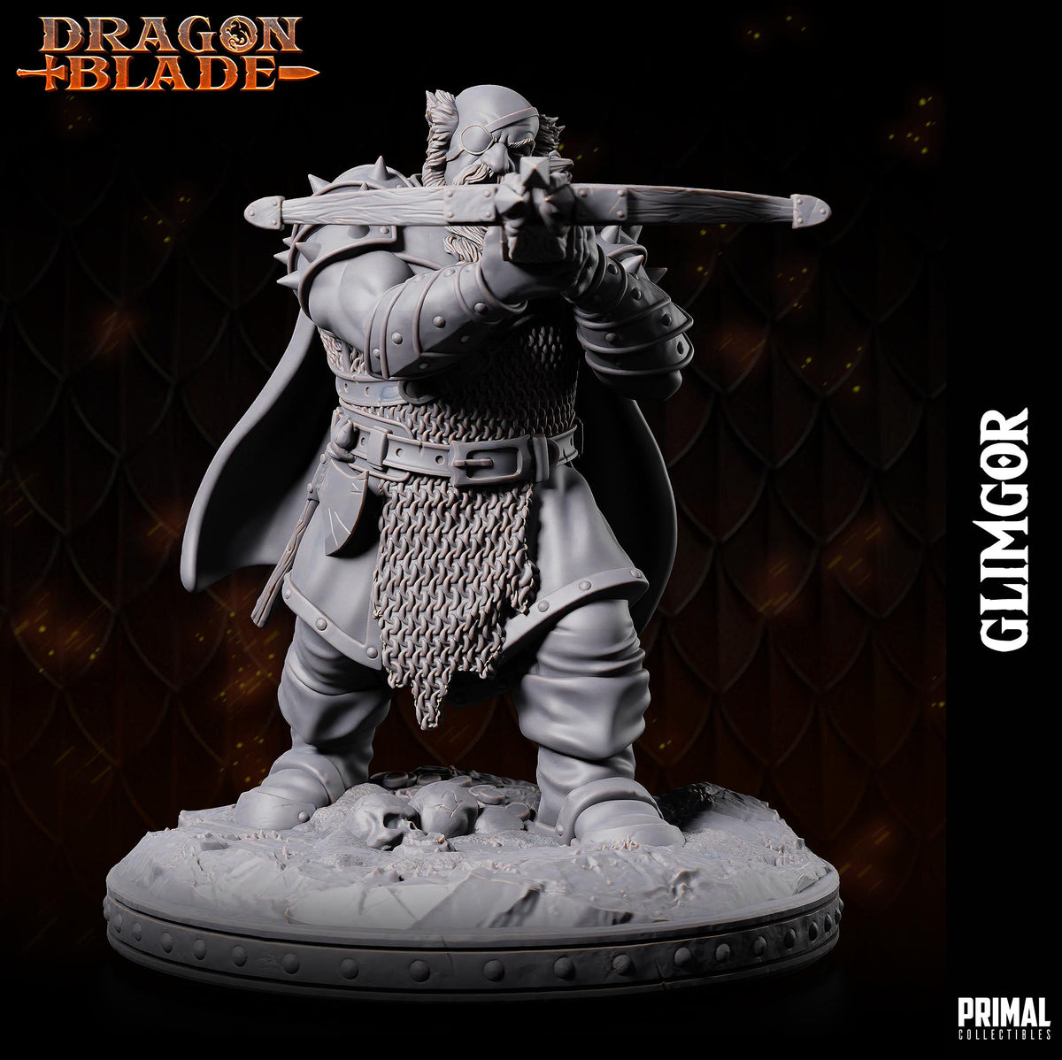A detailed 3D model of a fantasy character, likely a warrior or knight, standing in a fighting stance with a sword in hand. The character is wearing chainmail and armor, and the background appears to be a dark, textured surface.
