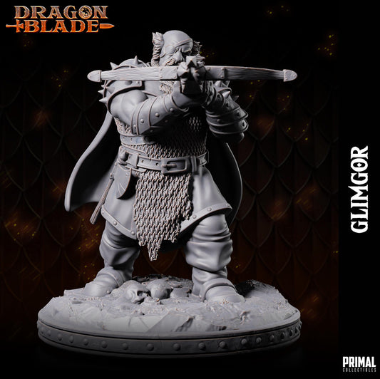 A detailed 3D model of a fantasy character, likely a warrior or knight, standing in a fighting stance with a sword in hand. The character is wearing chainmail and armor, and the background appears to be a dark, textured surface.