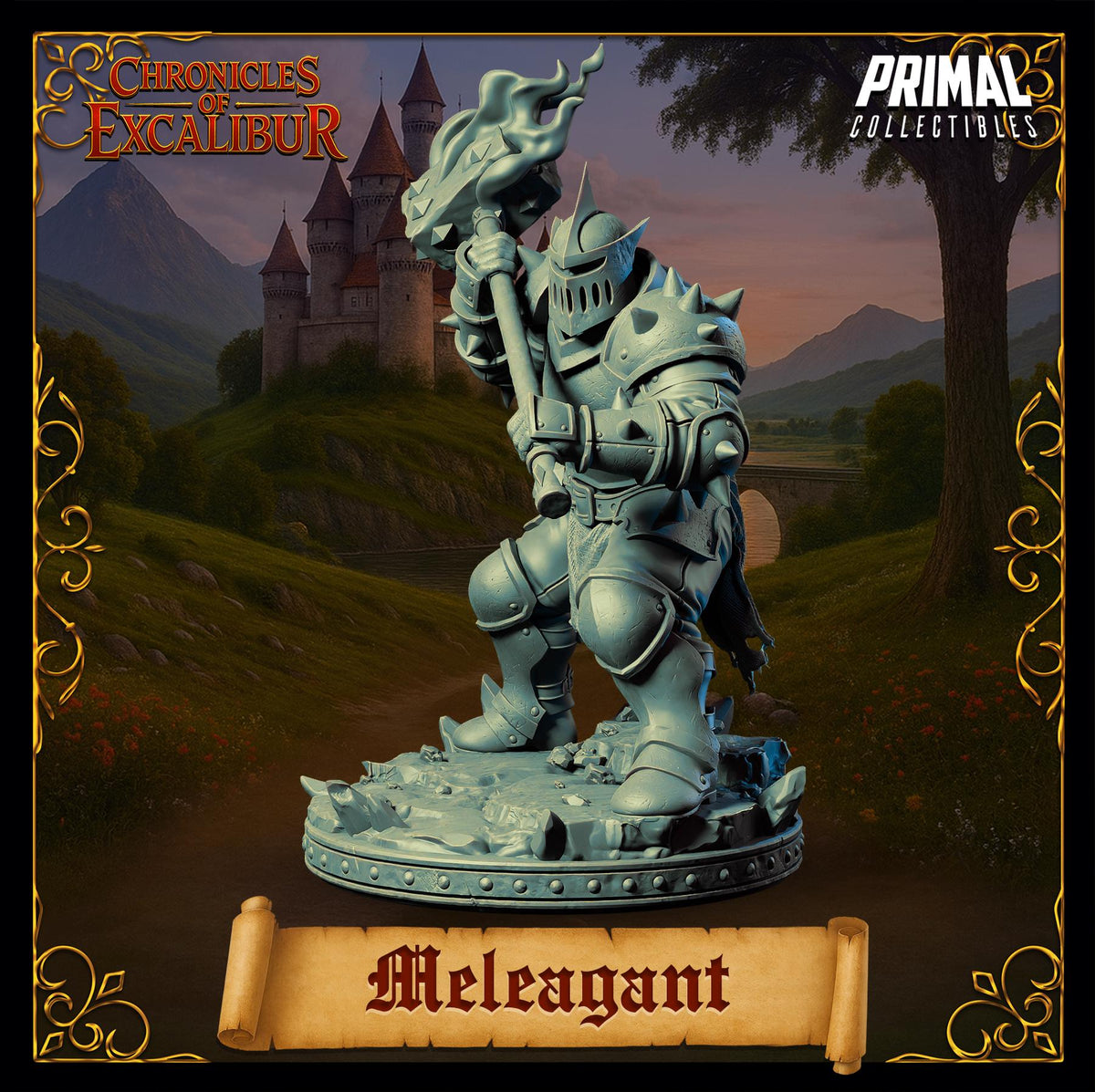 A statue of a knight in armor, holding a sword and shield, standing in front of a castle in a fantasy setting.
