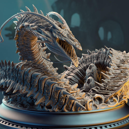 A detailed 3D rendering of a fantastical creature, possibly a dragon or serpent, with intricate scales and sharp teeth. The creature appears to be in a dynamic pose, with its mouth open and its head turned to the side. The background is dark and blurred, drawing focus to the central figure.