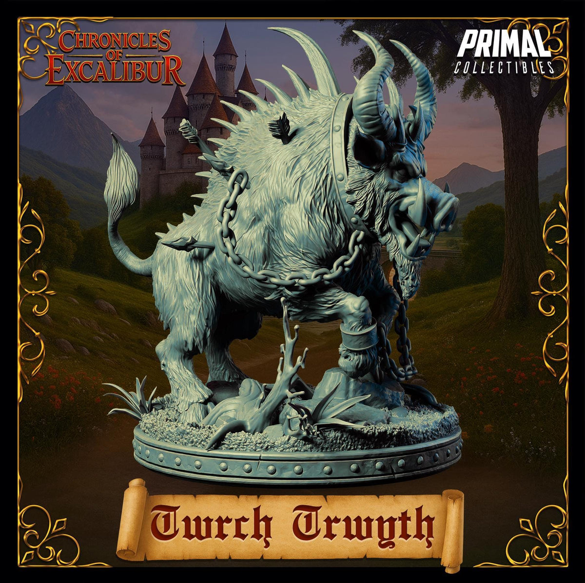 Twrch Trwyth miniature from Chronicles of Excalibur, crafted in premium grey resin with exceptional detail.