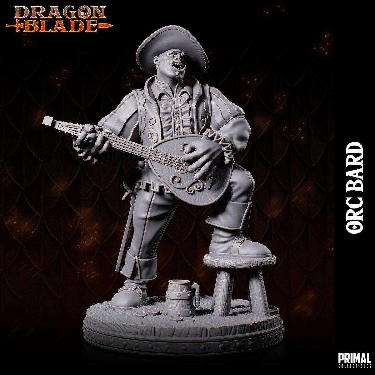 A statue of a man playing a lute, wearing a hat and holding a lute, against a dark background.