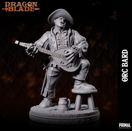 A statue of a man playing a lute, wearing a hat and holding a lute, against a dark background.