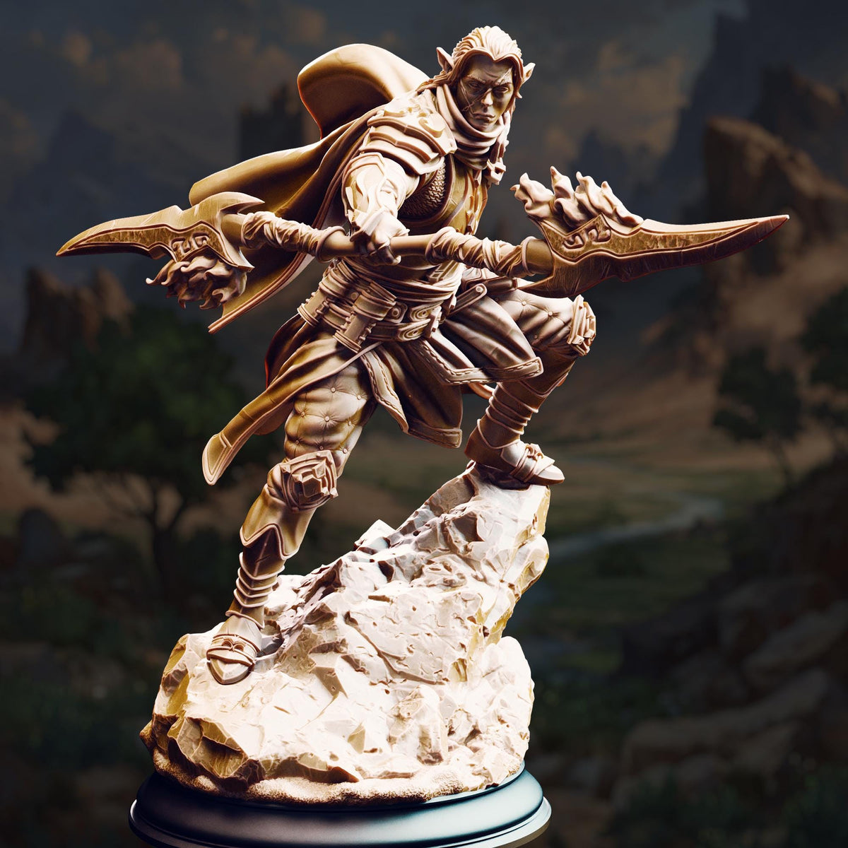 A bronze statue of a warrior figure, holding a sword and shield, standing on a rocky outcrop against a mountainous landscape.