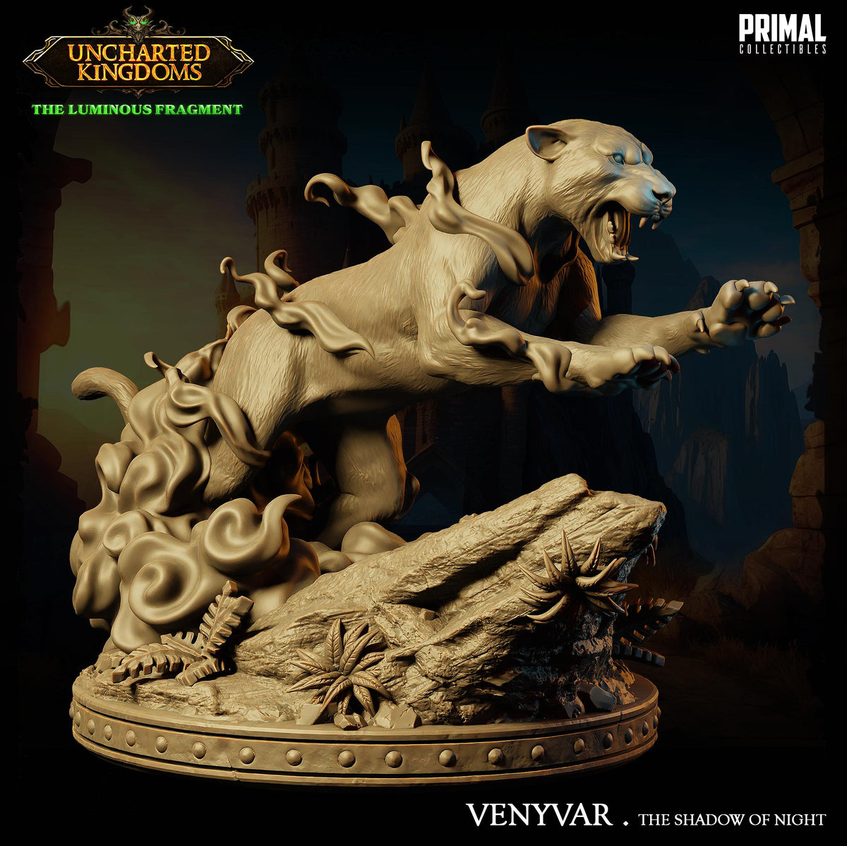 The image is a detailed sculpture of a large, fierce-looking creature with sharp teeth and claws, standing on a rock formation and appearing to be in a dynamic pose. The sculpture is set against a dark, dramatic background, which emphasizes the intensity and power of the creature. The image is titled "VENYVAR... THE SHADOW OF NIGHT" and is described as a "LUMINOUS FRAGMENT" from the video game "UNCHARTED KINGDOMS".