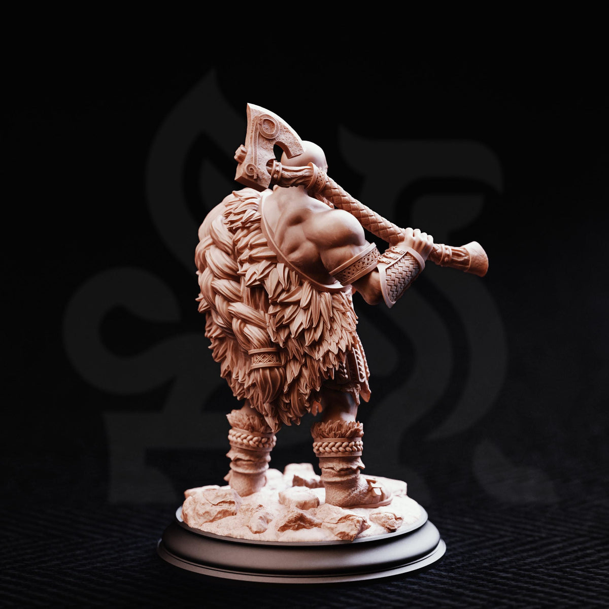A detailed 3D model of a warrior figure holding a large weapon, standing on a platform against a dark background.