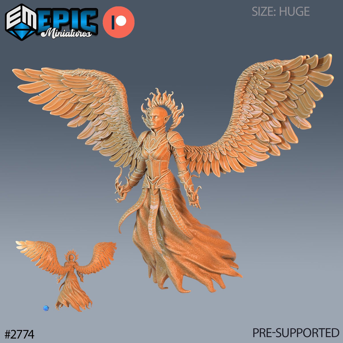 a large, detailed, and intricate statue of a winged figure with a flowing robe and a crown, set against a gray background.