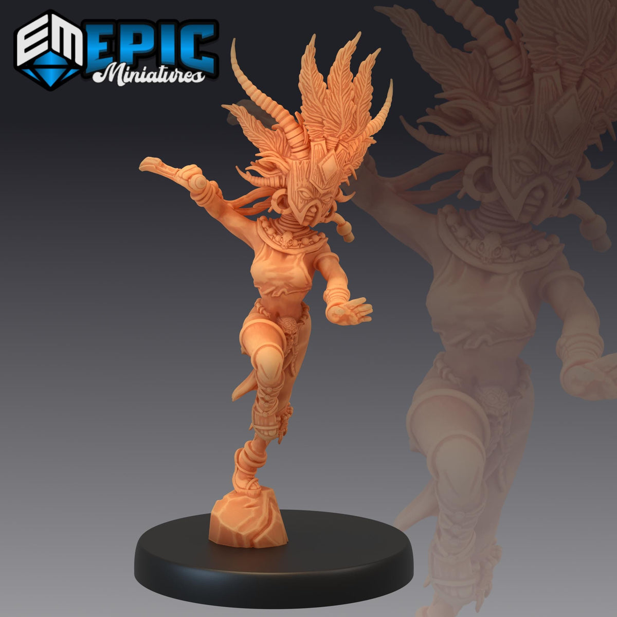 a figurine of a female character with an elaborate headdress and ornate clothing, standing on a platform.