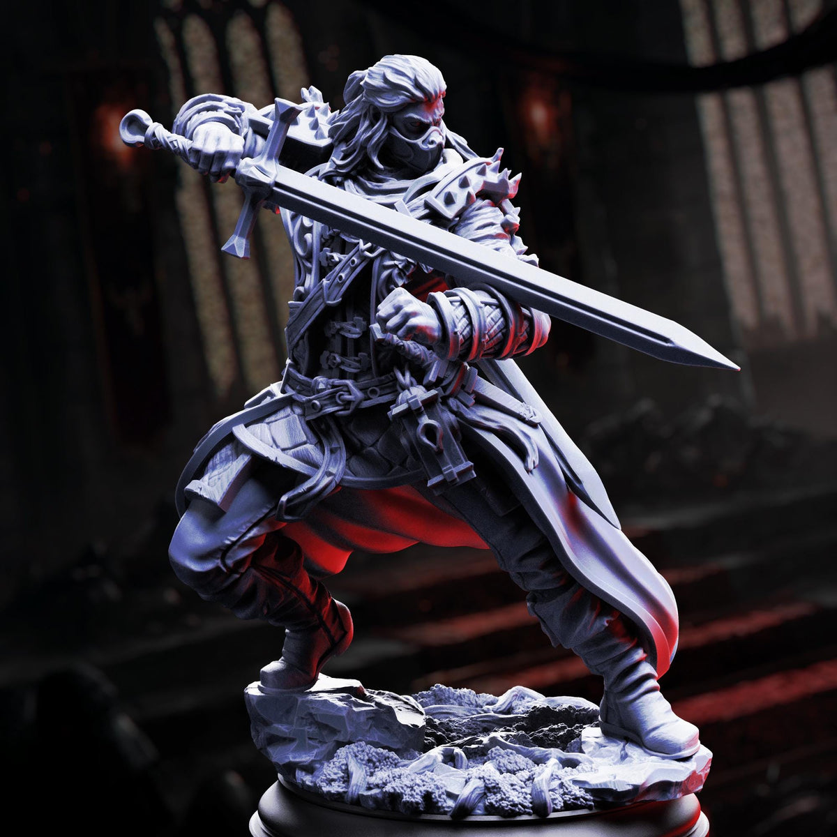 A detailed 3D model of a warrior figure wielding a sword and shield, standing in a dramatic pose with a serious expression.