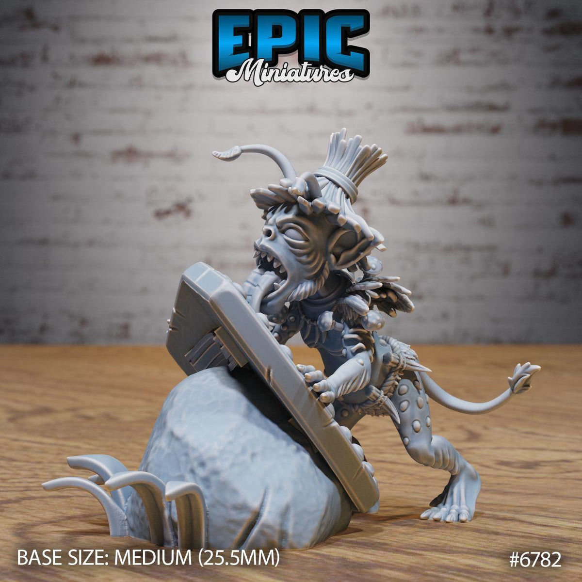 A figurine of a fantastical creature, possibly a dragon or serpent, is depicted in the image. The figurine is shown in a dynamic pose, with its head tilted and its body twisted, giving it a fierce and menacing appearance. The figurine is set against a brick wall background, which adds to the overall aesthetic of the image. The image is described as a "MEDIUM" size, with a base size of 25.5 millimeters. The image is numbered #6782.