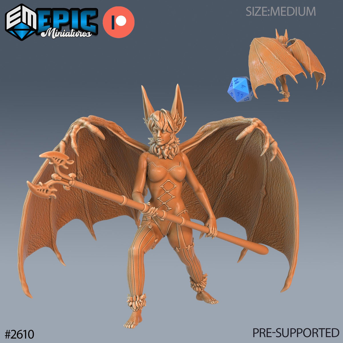 The image is a 3D model of a bat-like creature with wings and a long stick, possibly a fantasy or fantasy-inspired character.