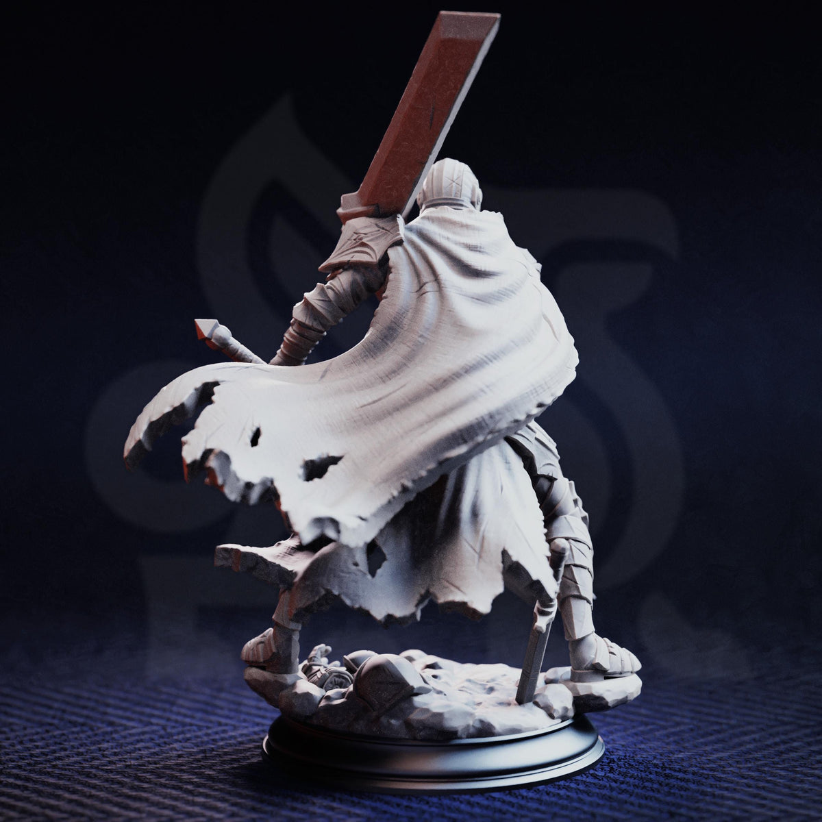 A detailed 3D model of a warrior figure, wearing a white cape and wielding a sword, standing on a rocky base against a dark background.