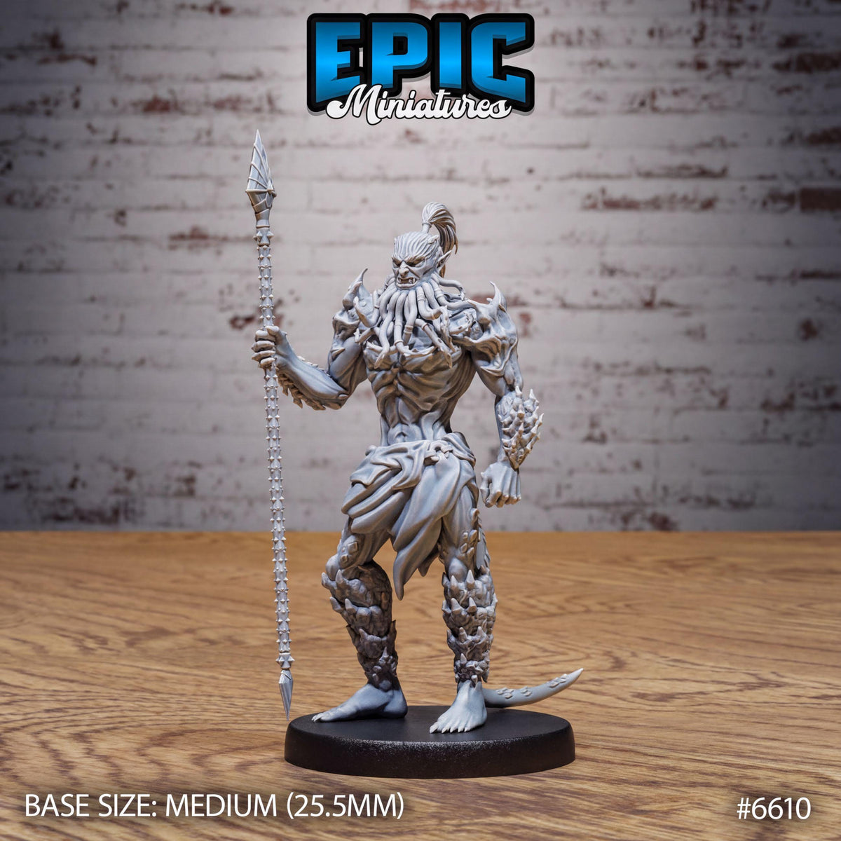 A figurine of a heavily armored and battle-ready warrior figure, holding a spear, standing on a wooden surface against a brick wall background.
