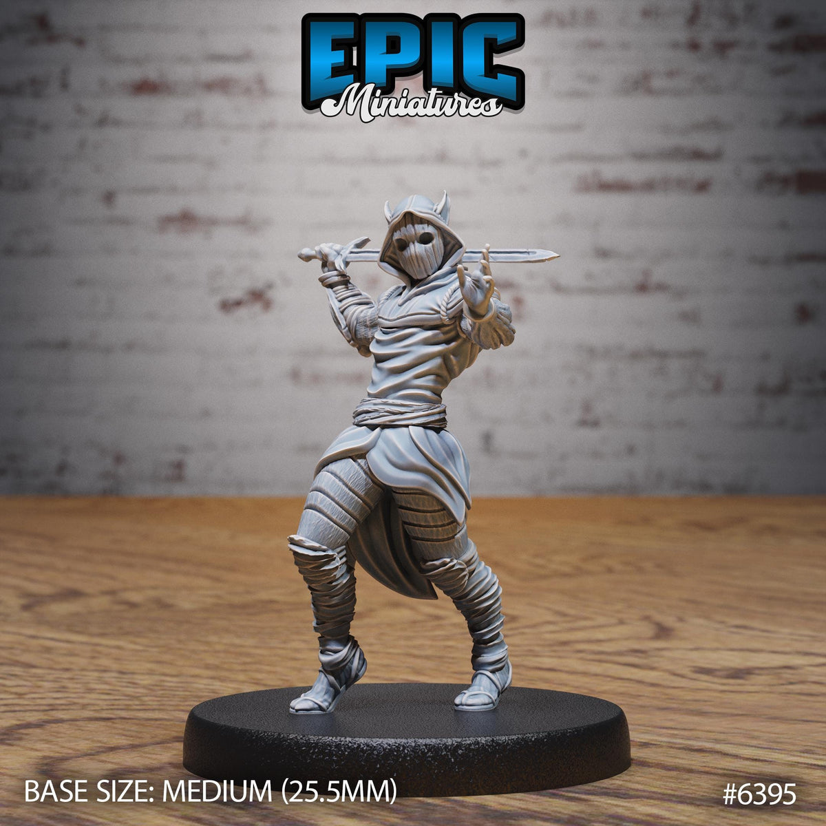 A figurine of a warrior figure, likely a character from a fantasy or adventure game, standing on a black base and holding a sword.