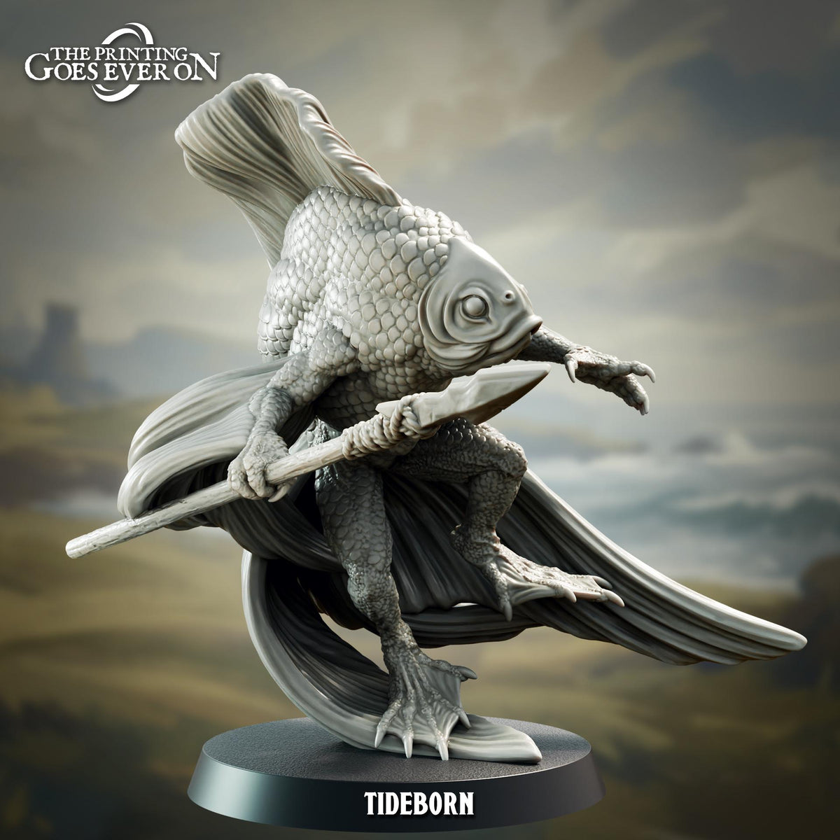 a figurine of a fish-like creature with a human-like body, holding a spear and standing on a platform.