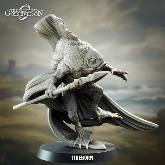 a figurine of a fish-like creature with a human-like body, holding a spear and standing on a platform.