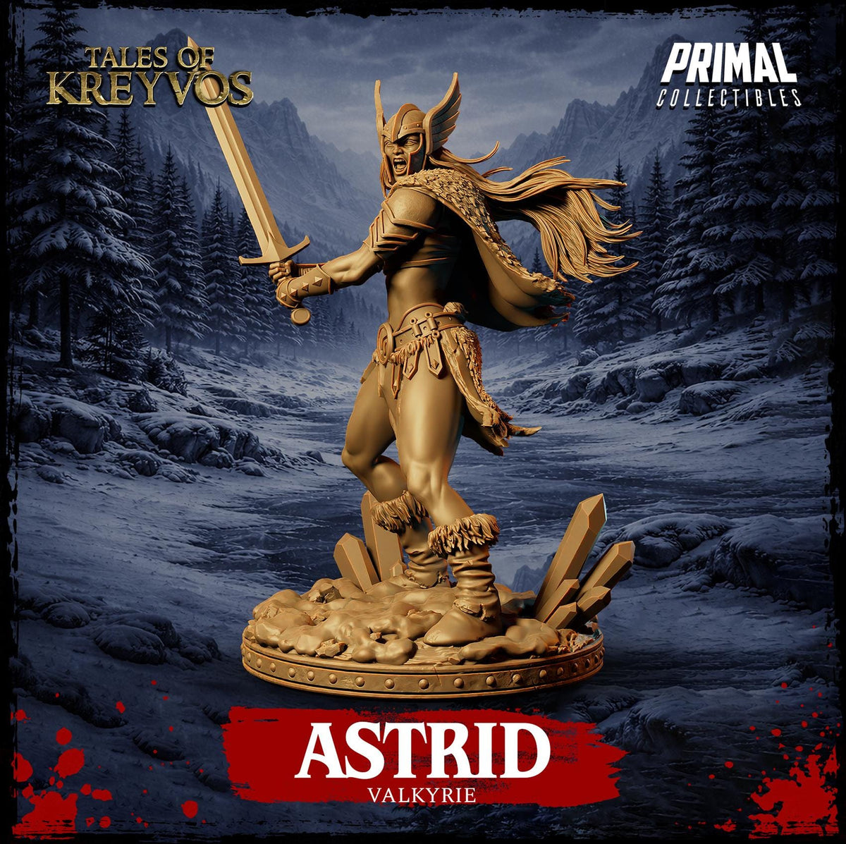 a statue of a muscular, armored figure wielding a sword, standing on a rocky base and surrounded by a snowy, mountainous landscape.
