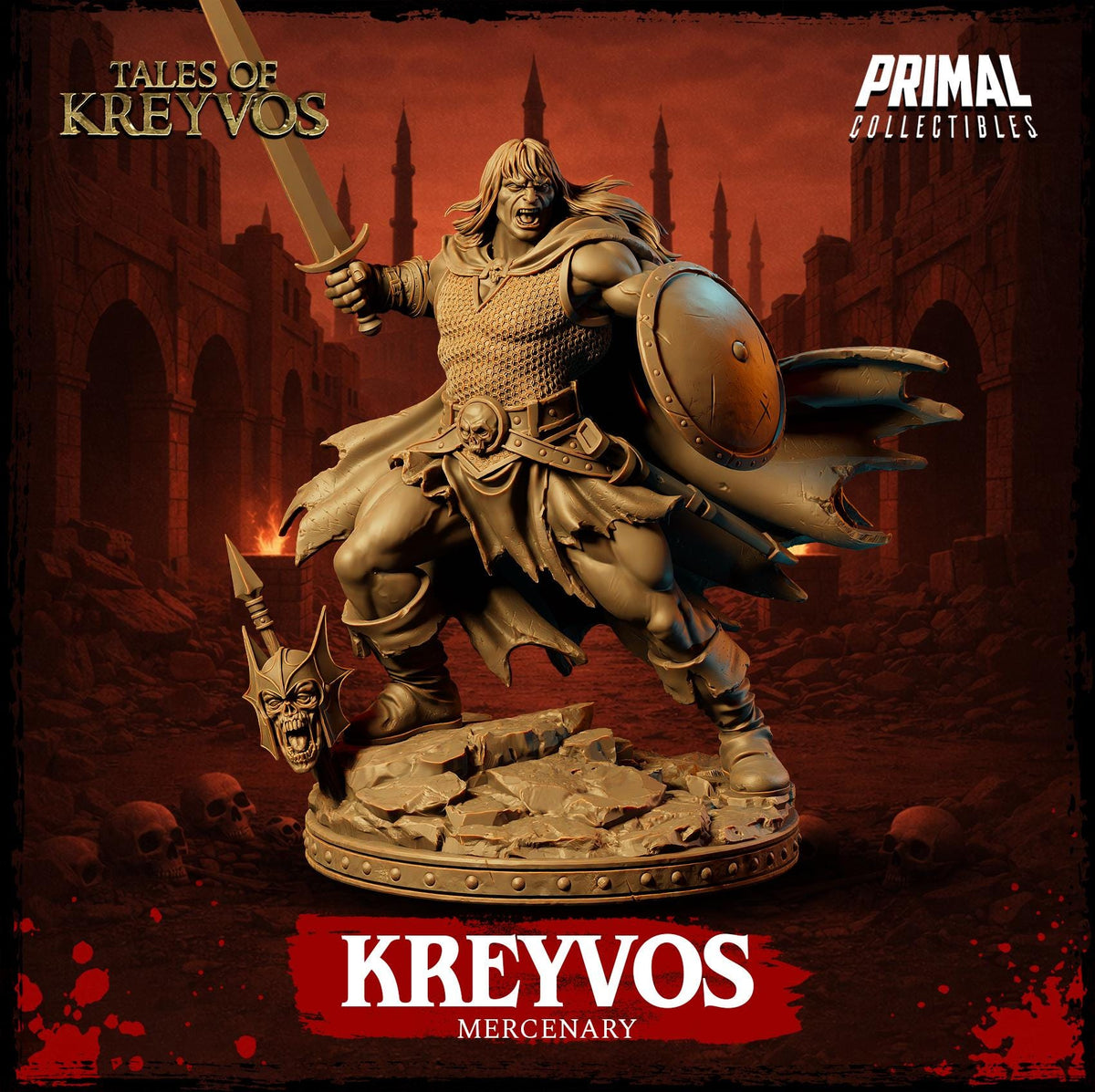 A bronze statue of a warrior figure, holding a shield and sword, standing in a dark, ominous setting with a castle in the background.