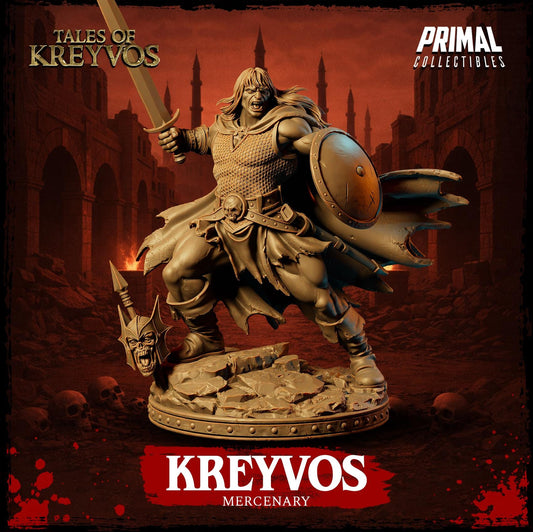 A bronze statue of a warrior figure, holding a shield and sword, standing in a dark, ominous setting with a castle in the background.