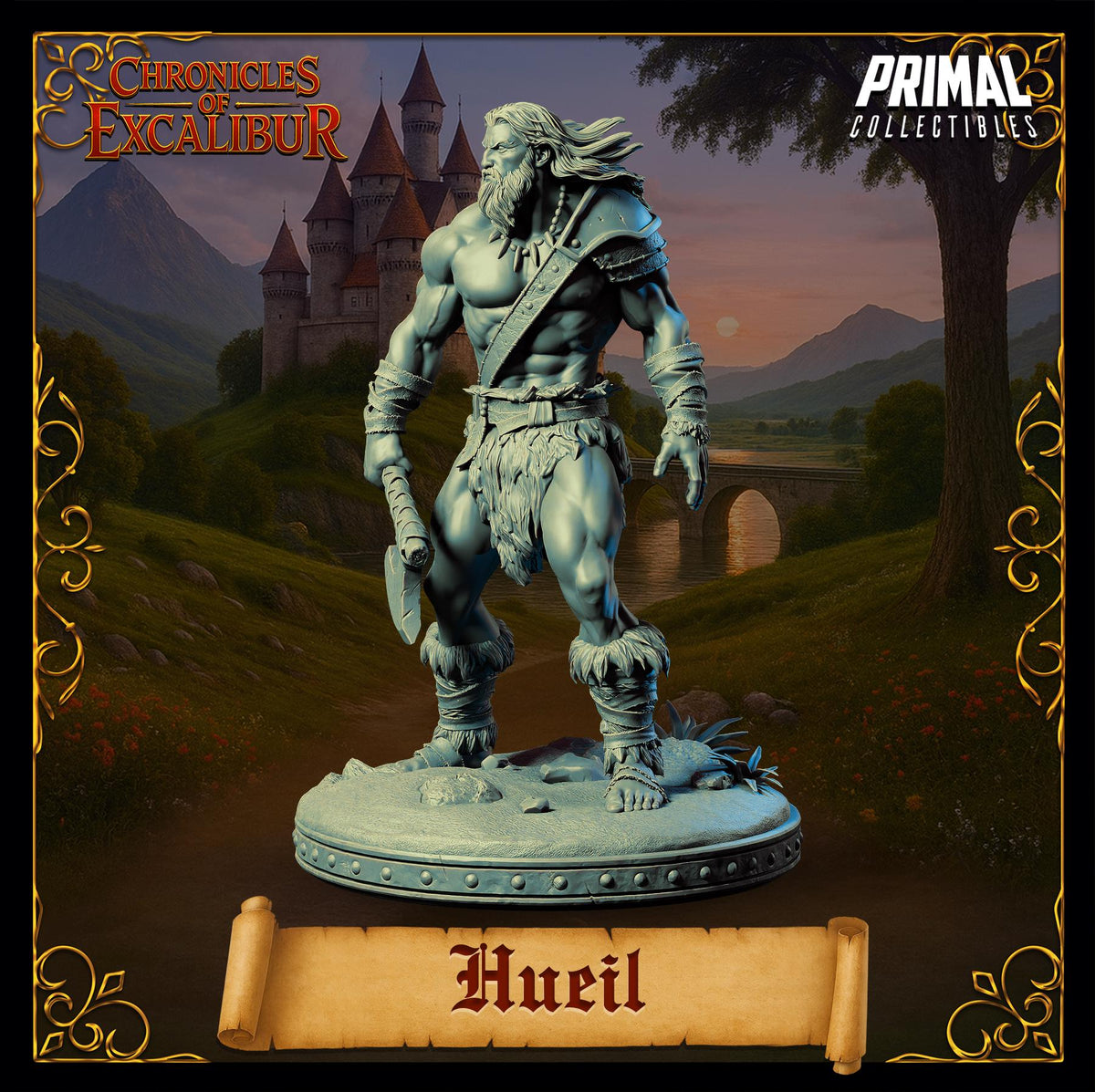 A statue of a muscular, bearded warrior figure standing on a pedestal with the name "Hueil" written on it. The background features a castle and a landscape with mountains, creating a fantasy setting.