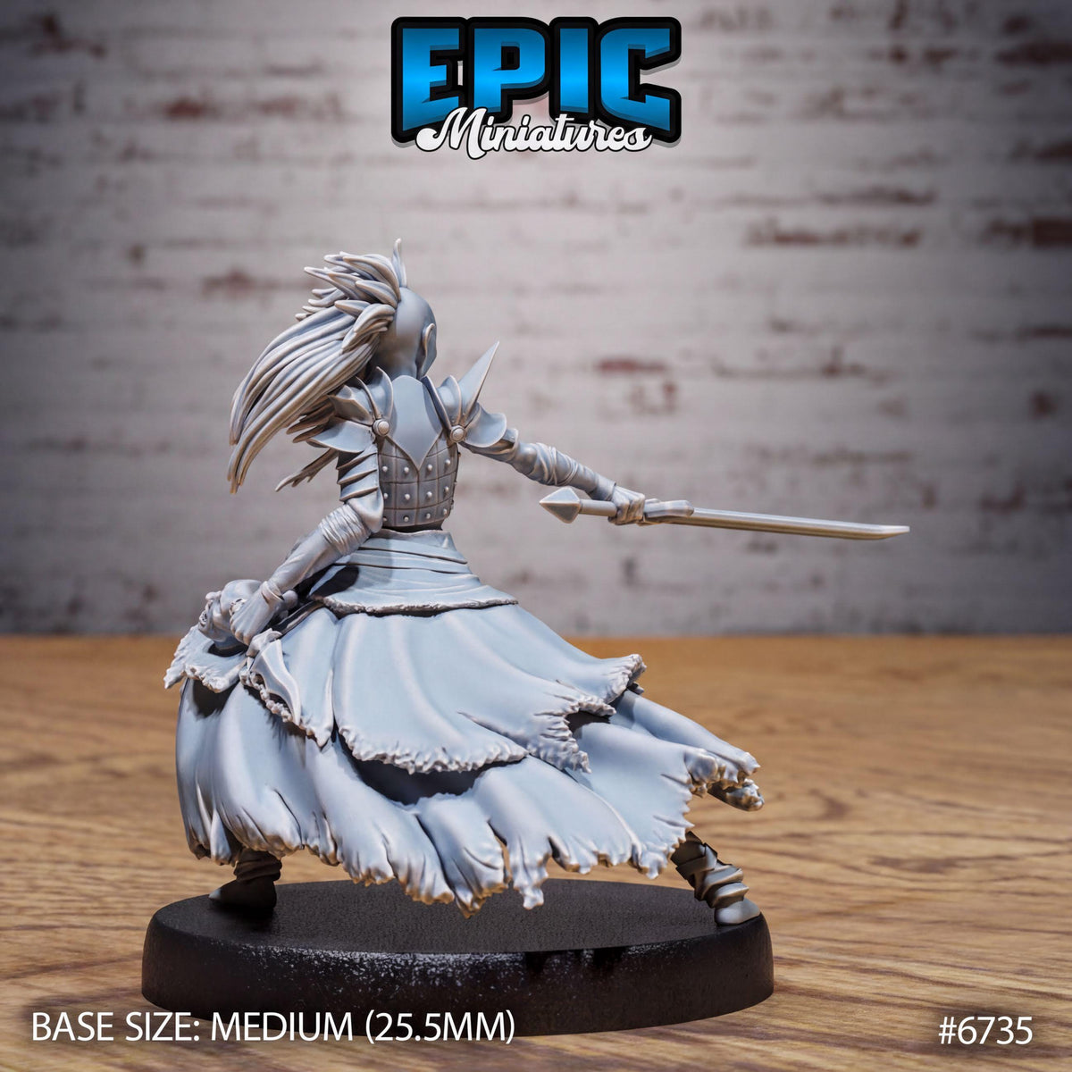 A figurine of a female character with flowing hair and a flowing dress, holding a sword, is displayed on a black base.