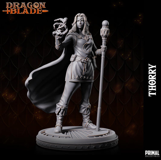 A 3D model of a female character with long hair, wearing a cape and holding a staff, standing on a platform.