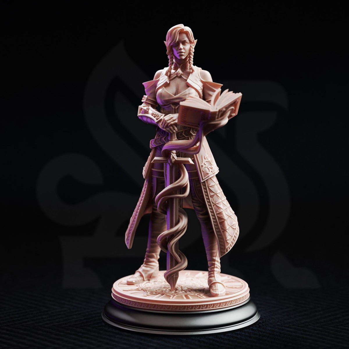 A figurine of a woman holding a book and a staff, standing on a pedestal against a dark background.