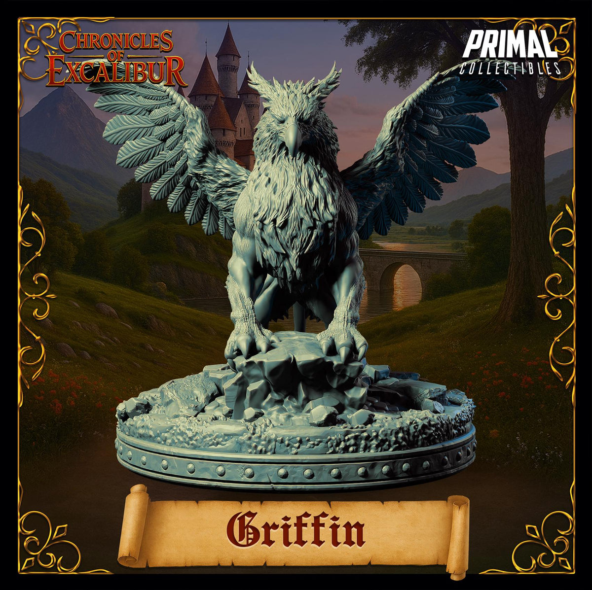 a statue of a winged creature, possibly a mythical or fantastical being, with a castle in the background. The statue is placed on a pedestal, and there is a banner with the name 'Griffin' written on it.