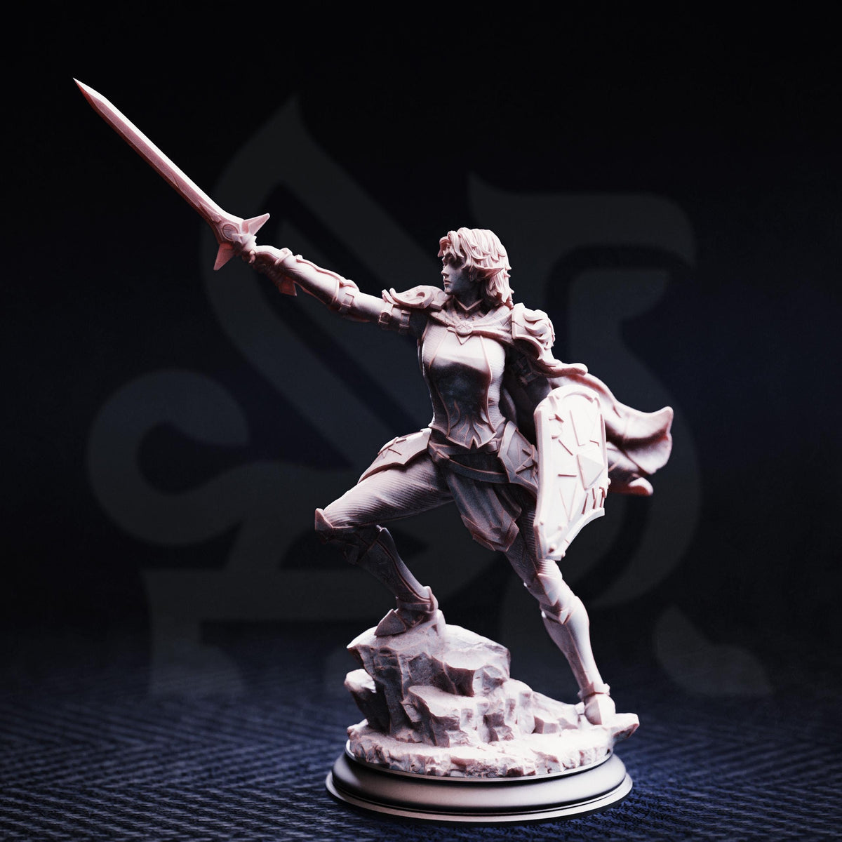 A figurine of a female warrior standing on a rock, holding a sword and shield, with a dark background.