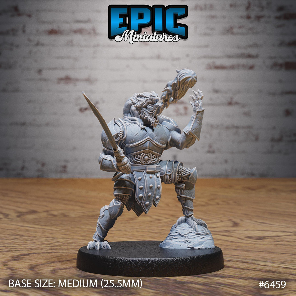 A detailed figurine of a warrior-like character, likely a dwarf or gnome, standing on a rock and holding a weapon. The figurine is set against a brick wall background.