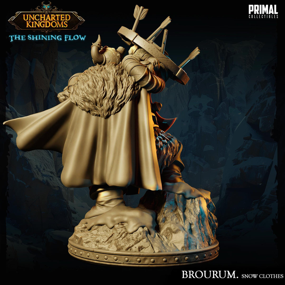 A 3D model of a fantasy character, likely from the video game "Uncharted Kingdoms: The Shining Flow", displayed on a pedestal.
