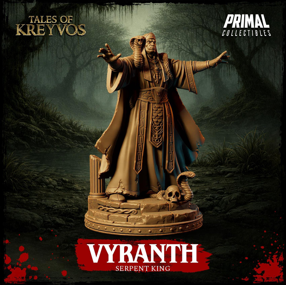 a statue of a serpent king, Vyranch, standing in a dark, mysterious forest setting.